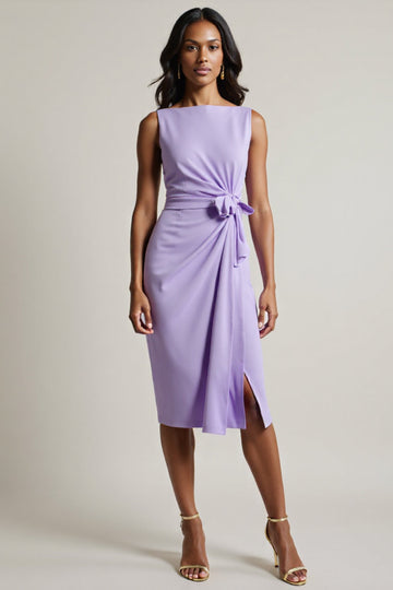 Purple Ruched Boat Neck Bodycon Midi Work Dress with Slit